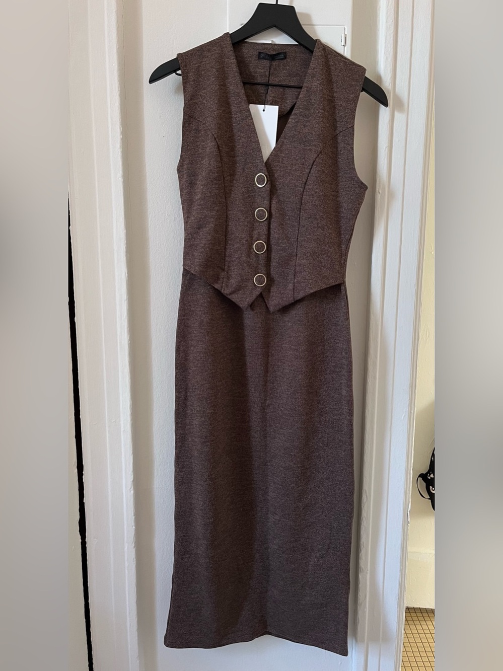 Zara Brown Sleeveless Midi Dress with Buttoned V-Neck Vest Detail